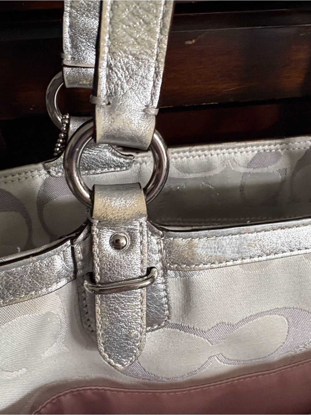 Beautiful Coach Silver and Light Gray Signature Tote with Metallic Trim - Picture 7 of 9